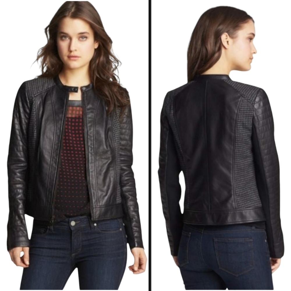 Trouvé houndstooth panel quilted leather moto jacket Womens Size Small